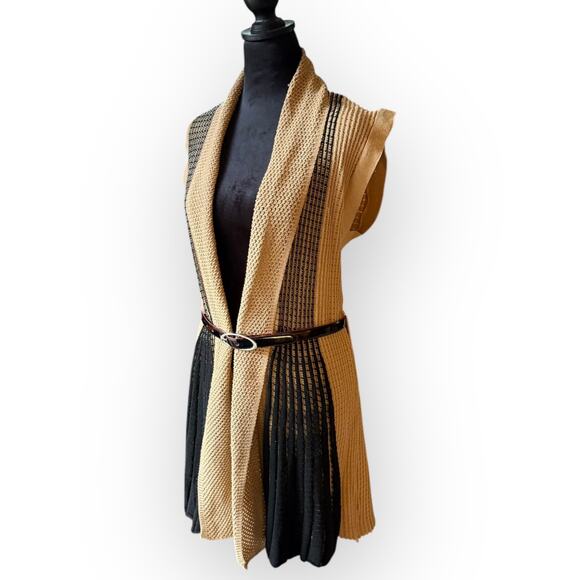 Women's Beige & Black Striped Knit Open Front Cardigan Sweater Size Medium - Picture 4 of 16